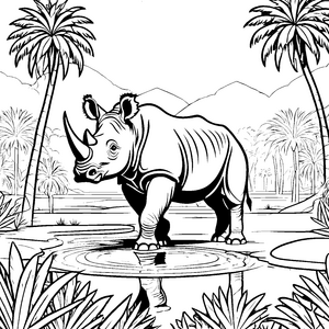 Stolzes Nashorn am glitzernden Wasserloch Ausmalbild für tapfere Tierfreunde