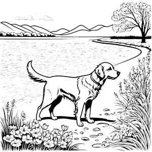 Bezaubernder Golden Retriever am Ufer Ausmalvorlage für kleine Naturfreunde