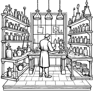 Geheimnisvoller Alchemist im Zauberlabor Ausmalvorlage für kreative Forscher