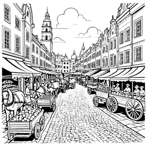 Lebhafte Kutschen auf belebtem Marktplatz Ausmalbild für kleine Stadtentdecker