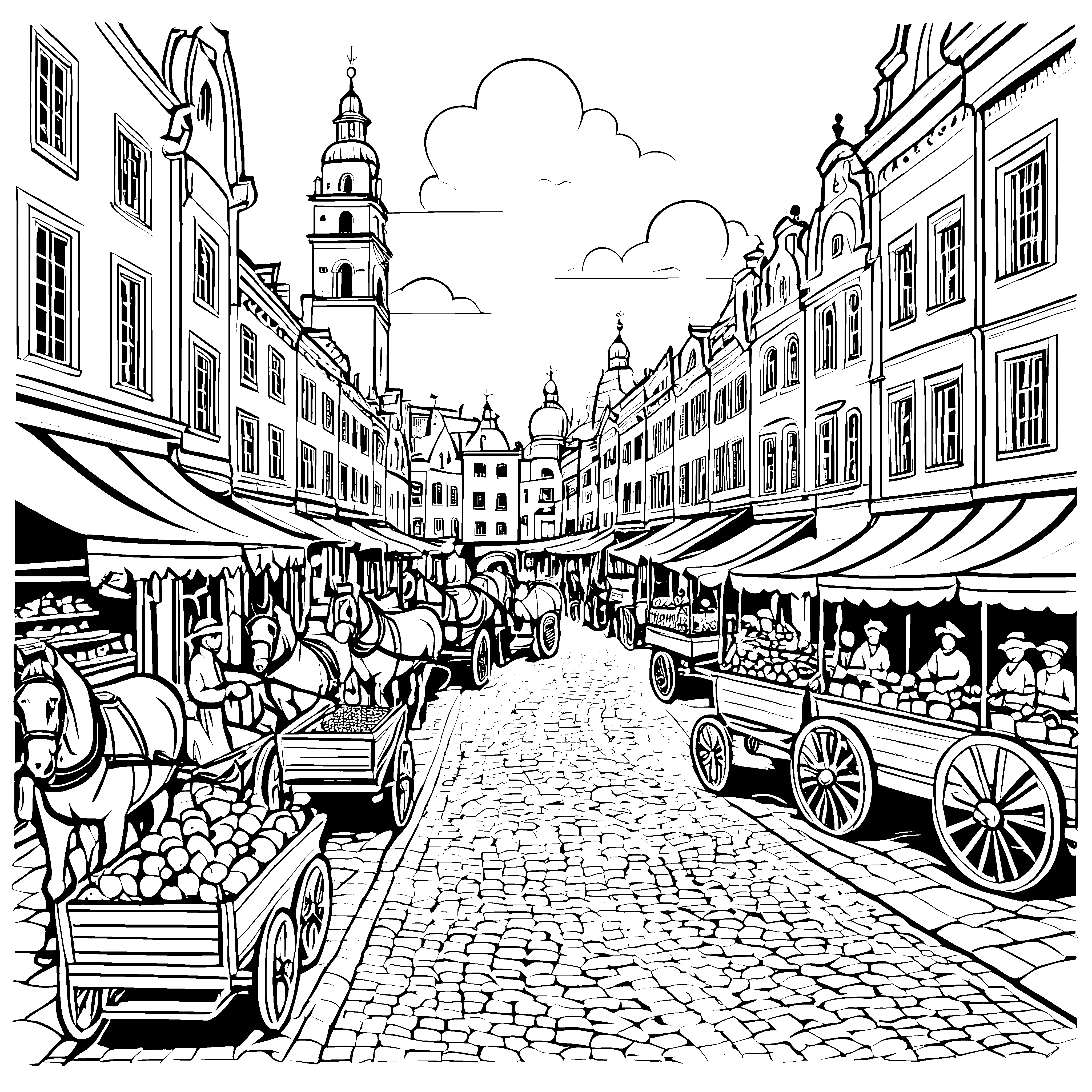 Lebhafte Kutschen auf belebtem Marktplatz Ausmalbild für kleine Stadtentdecker
