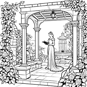 Bezaubernde Prinzessin im romantischen Rosengarten Ausmalvorlage für fantasievolle Künstler