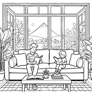 Gemütliches Wohnzimmer mit fesselnder Lesezeit Ausmalbild für inspirierte Geschichtenliebhaber