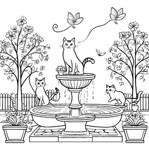 Katzenfreunde mit spritziger Springbrunnen-Szene Malvorlage für kreative Entdecker