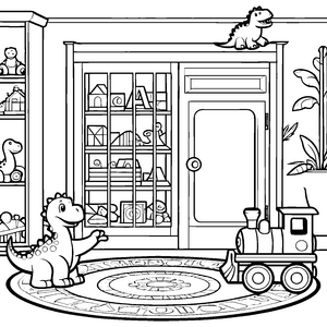 Niedlicher Dinosaurier vor bunter Vitrine Ausmalvorlage für neugierige kleine Entdecker