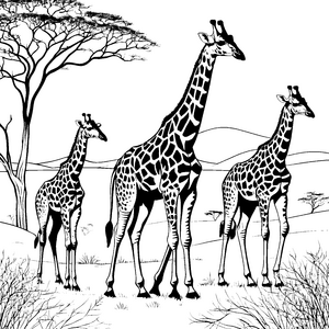 Majestätische Giraffen unter schützenden Bäumen Ausmalvorlage für kleine Naturfreunde