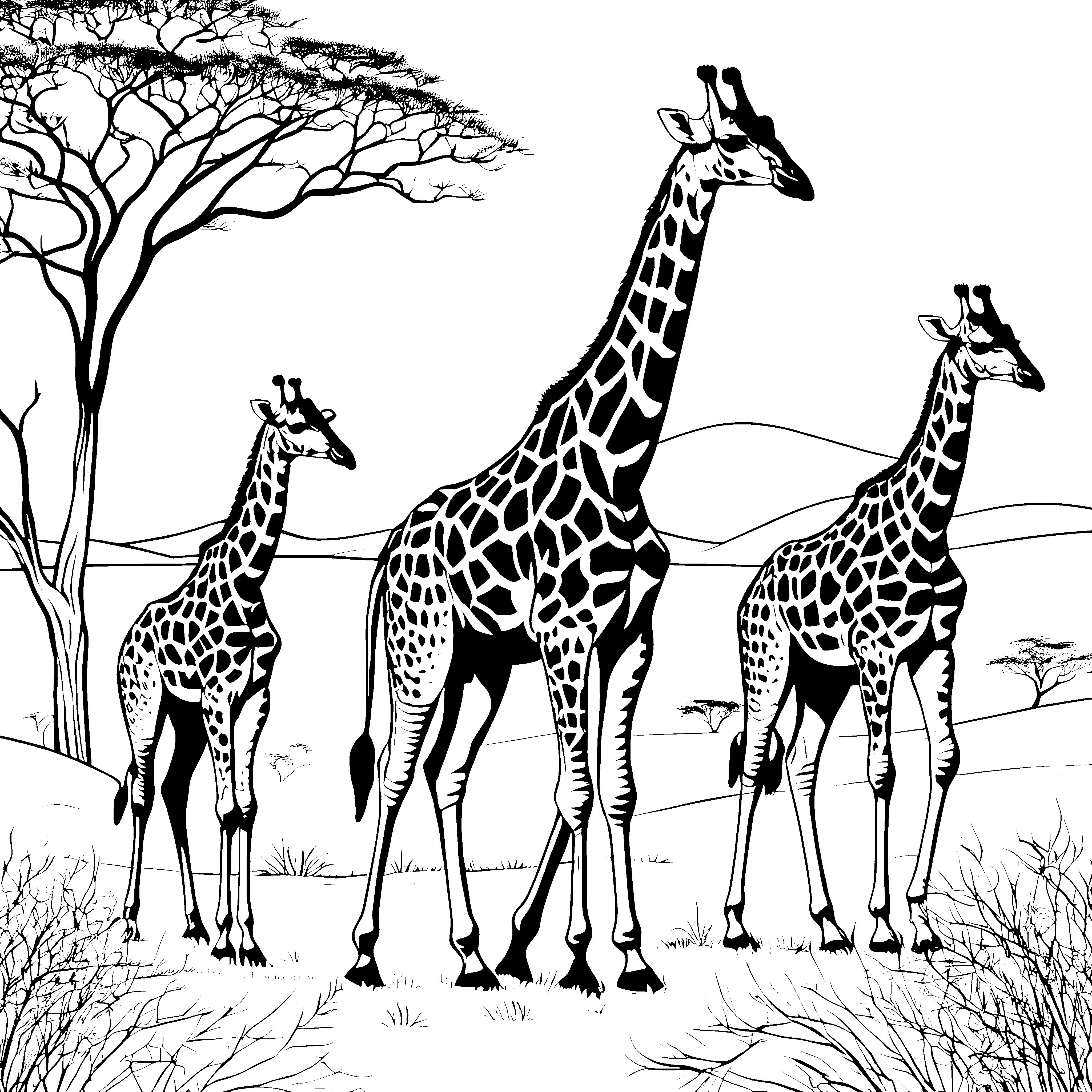 Majestätische Giraffen unter schützenden Bäumen Ausmalvorlage für kleine Naturfreunde