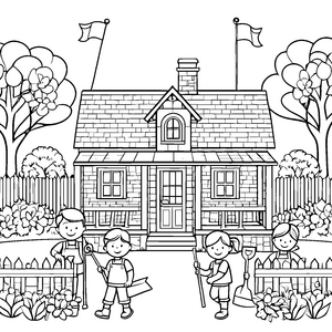 Buntes Traumhaus mit fröhlichen Kindern Malvorlage für kleine Gartenfreunde