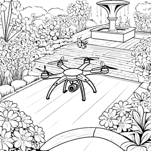 Fliegende Drohne über blühendem Garten Ausmalvorlage für kleine Technik-Enthusiasten
