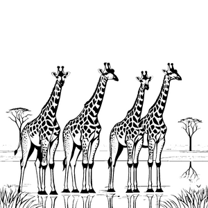 Vier majestätische Giraffen am Wasserloch Ausmalvorlage für neugierige Tierfans