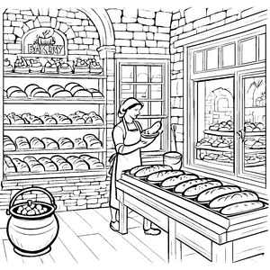 Köstliche Brotkreationen in der traditionellen Bäckerei Ausmalvorlage für kreative Hobbybäcker
