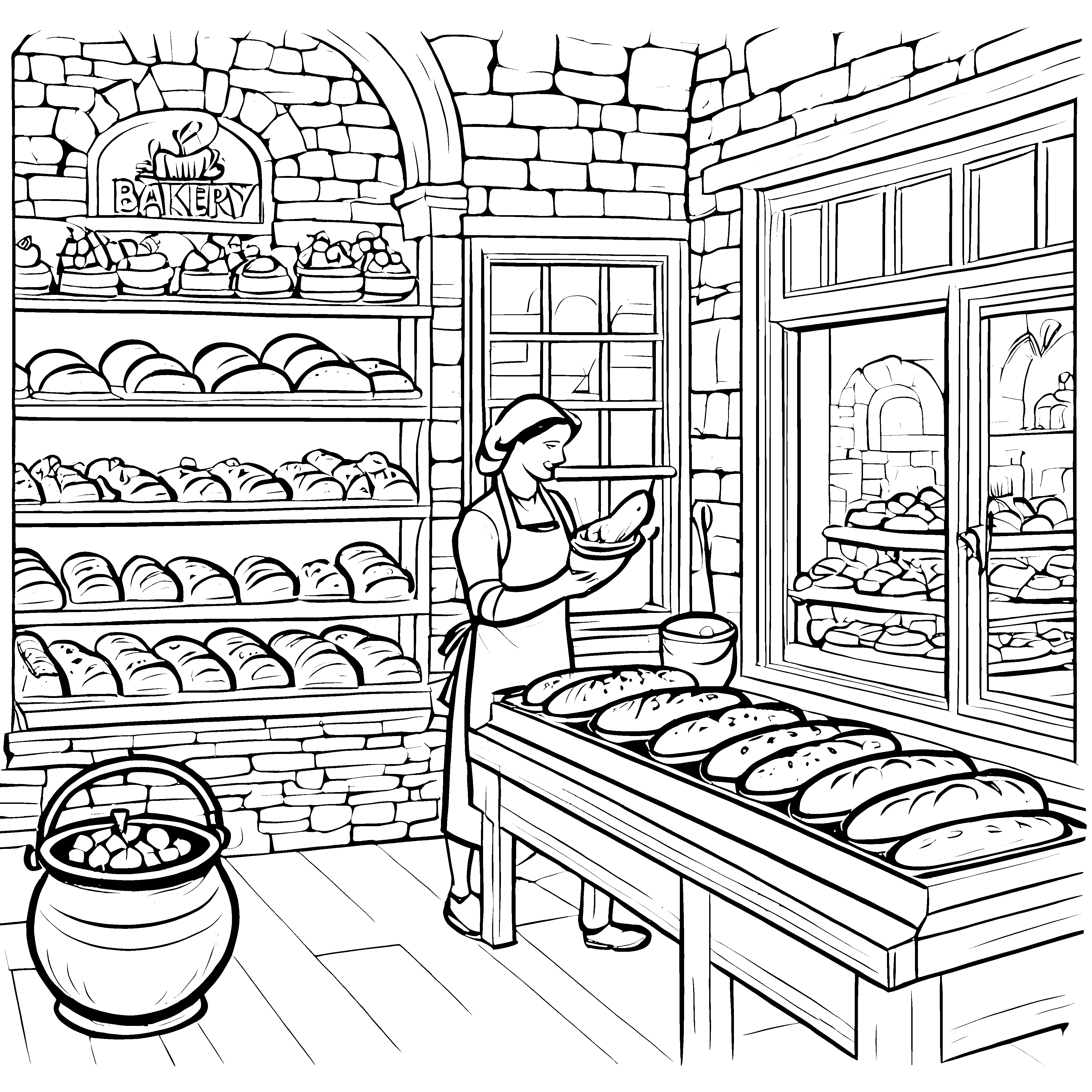 Köstliche Brotkreationen in der traditionellen Bäckerei Ausmalvorlage für kreative Hobbybäcker