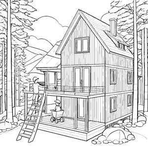 Gemütliches Haus im Wald mit Spielplatz Malvorlage für kleine Entdecker