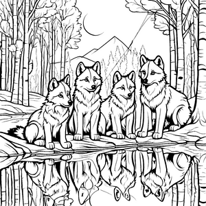 Vier niedliche Wolfsbabys am glitzernden Wasser Ausmalvorlage für kleine Naturfreunde