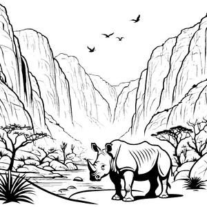 Starkes Nashorn in beeindruckender Berglandschaft Ausmalvorlage für abenteuerlustige Tierfreunde