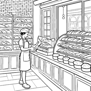 Verführerische Brotauswahl in der heimischen Bäckerei Ausmalbild für kleine Feinschmecker