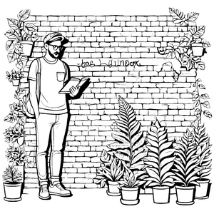 Stylischer Hipster mit Buch vor Backsteinwand Ausmalvorlage für kreative Köpfe
