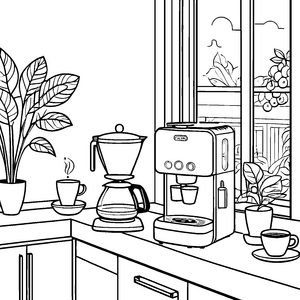 Moderne Kaffeemaschine im hellen Küchenambiente Ausmalbild für kreative Kaffeeliebhaber