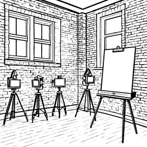 Kreatives Fotostudio mit Kameras und Leinwand Ausmalmotiv für talentierte Künstler