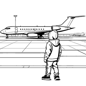 Abenteuerlicher Flughafen mit großem Passagierflugzeug Ausmalvorlage für kleine Entdecker
