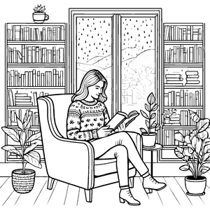 Gemütliche Leserin im stilvollen Damenpullover Ausmalbild für entspannte Bücherwürmer