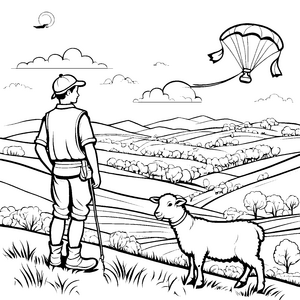 Hirte mit Schaf und sanfter Landschaft Ausmalvorlage für abenteuerliche Naturfreunde