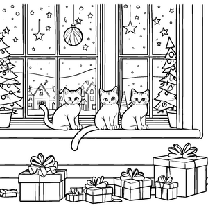 Weihnachtliche Katzen im Fenster mit Geschenken Ausmalbild für neugierige Tierfreunde