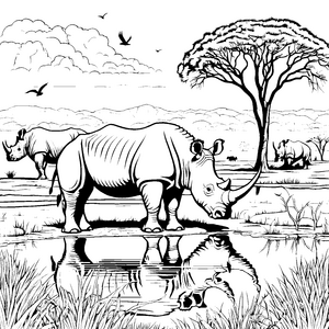 Majestätisches Nashorn am glitzernden Wasserloch Ausmalbild für mutige Naturentdecker