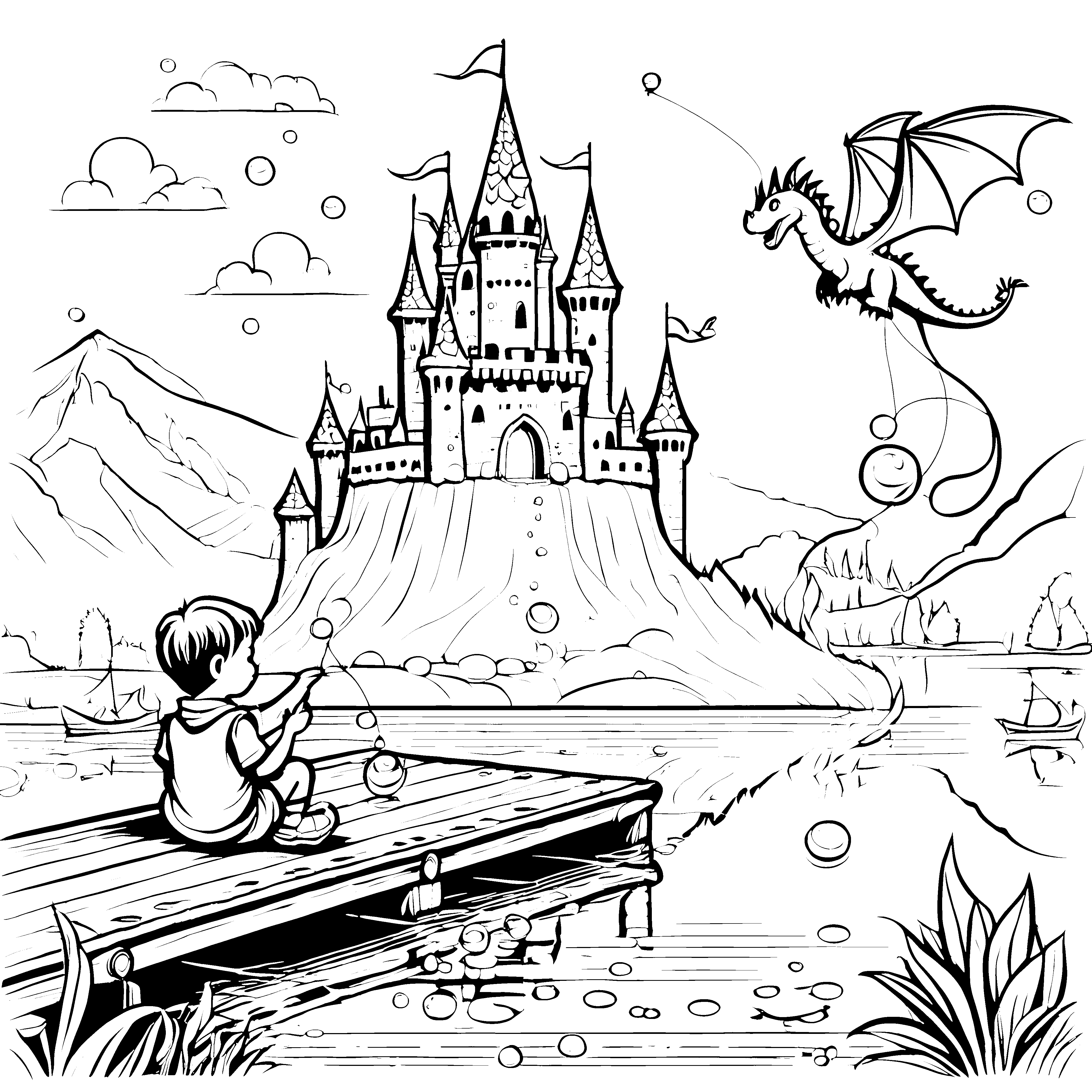 Lustiger Drache über schimmerndem Schloss Ausmalbild für abenteuerlustige Künstler