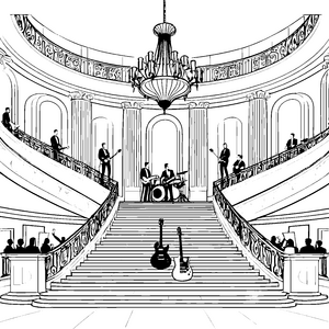 Beeindruckende Rockband auf majestätischer Treppe Ausmalbild für junge Musikenthusiasten