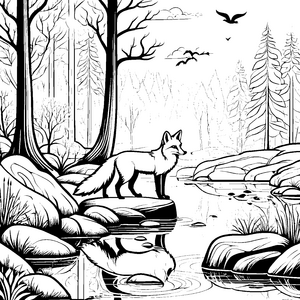 Schlauer Fuchs am glitzernden Wasser Malvorlage für kleine Naturforscher