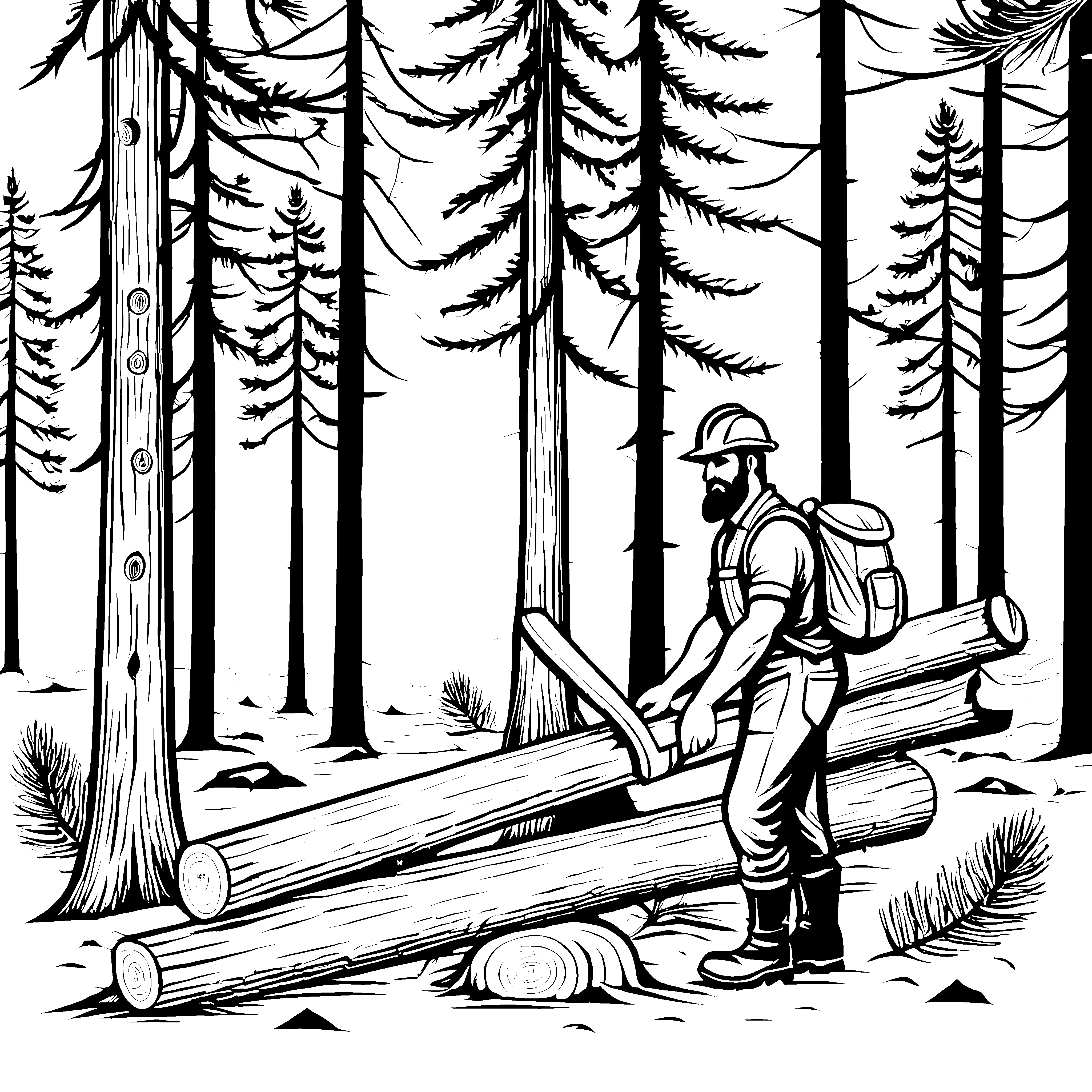 Holzfäller mit Werkzeug in der ruhigen Natur Ausmalvorlage für kleine Entdecker