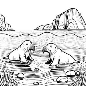 Zwei fröhliche Walross-Babys im spritzigen Wasser Ausmalbild für kleine Wasserfreunde