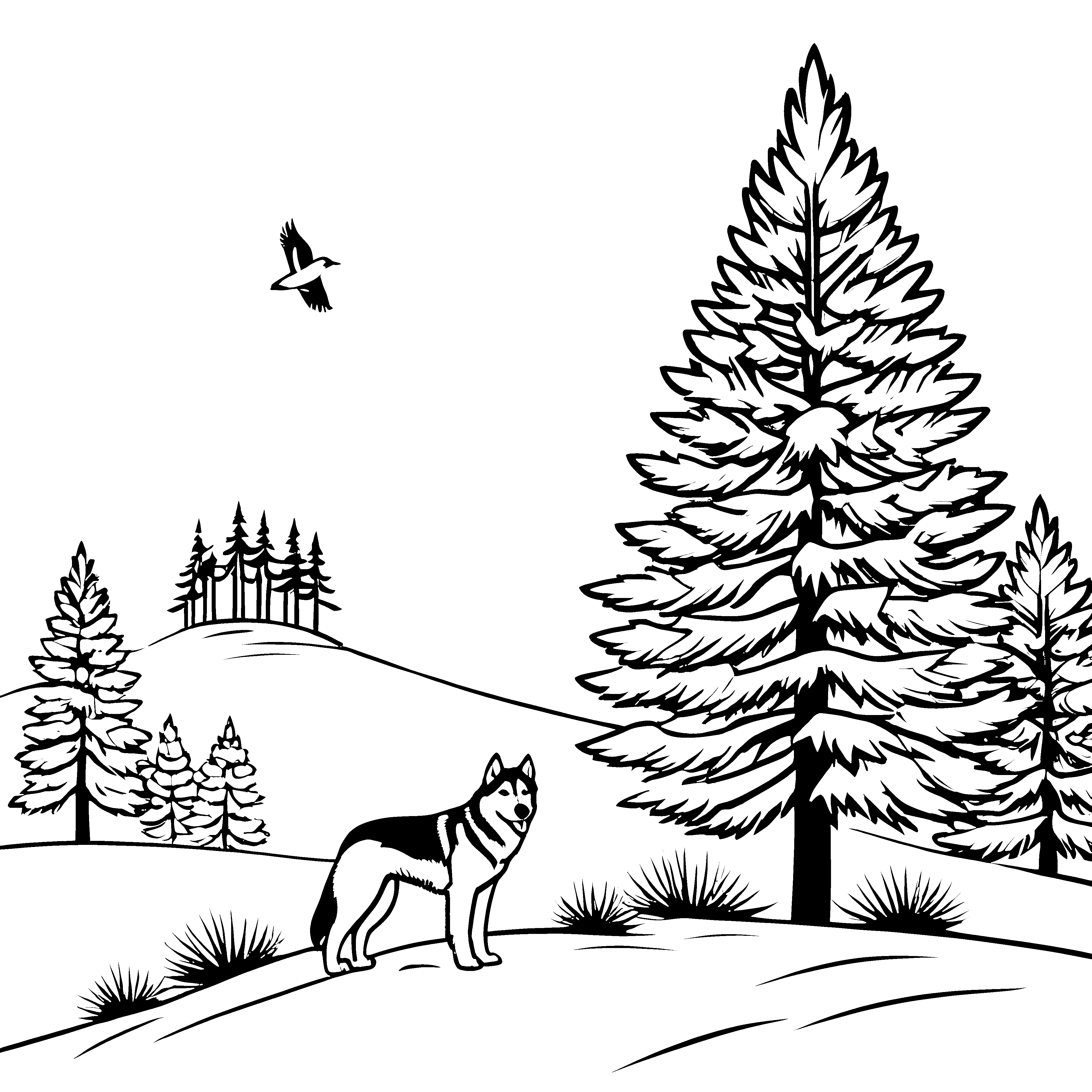 Abenteuerlicher Husky in schneebedeckter Landschaft Ausmalvorlage für mutige Naturfreunde