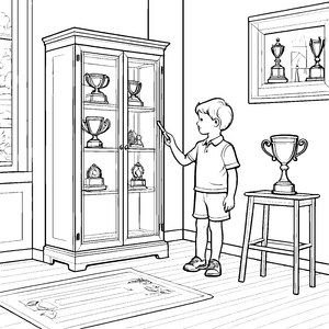 Glänzender Trophäenschrank mit bewunderten Pokalen Ausmalvorlage für kleine Siegerfreunde