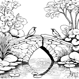 Zwei fröhliche Vögel auf der bunten Brücke Ausmalmotiv für fantasievolle Naturliebhaber