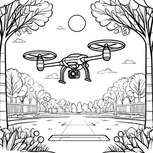 Futuristische Drohne über einem blühenden Garten Ausmalvorlage für kreative Technikentdecker