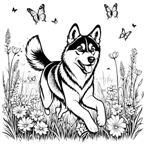 Springender Husky in bunter Blumenwiese Ausmalvorlage für abenteuerliche Tierfreunde