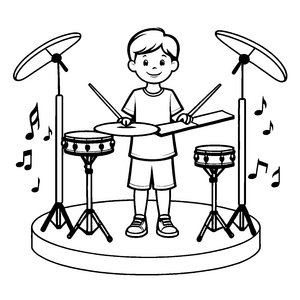 Begeisterter Junge am Schlagzeug mit Musiknoten Ausmalbild für kreative Rhythmusfreunde