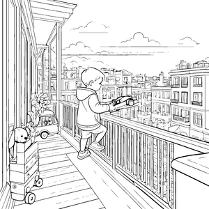 Abenteuerlicher Junge mit Spielzeugauto auf dem Balkon Ausmalbild für junge Stadtentdecker