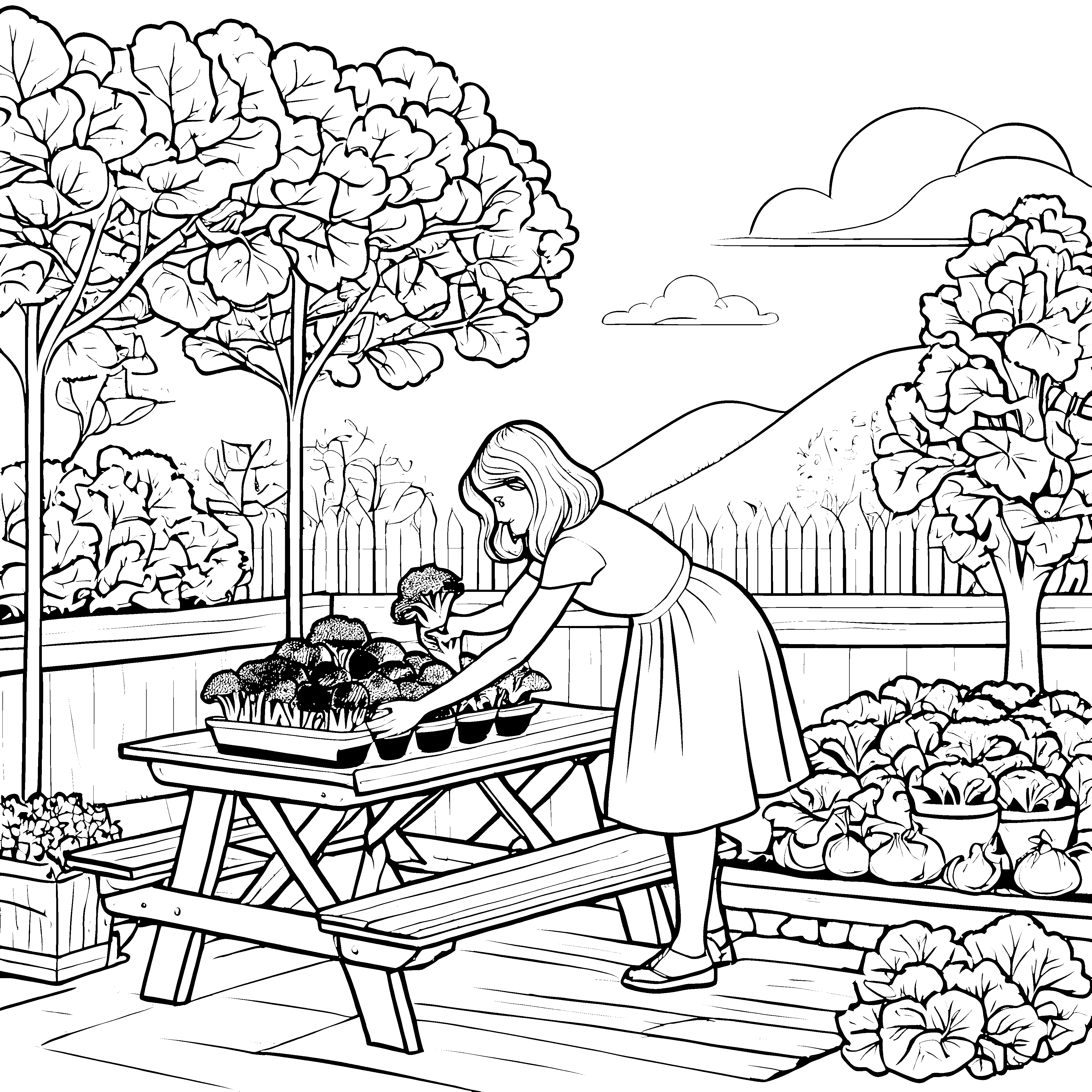 Kreative Brokkoli-Ernte im bunten Garten Ausmalbild für neugierige Gemüseliebhaber