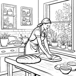 Leckeres Brotbacken in der gemütlichen Bäckerei Ausmalvorlage für kreative Küchenkünstler