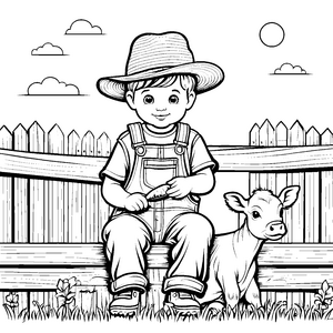 Fröhlicher Junge mit niedlichem Kalb im sonnigen Garten Ausmalbild für neugierige kleine Bauernfreunde