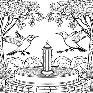 Schwungvolle Vögel um den sprudelnden Brunnen Ausmalvorlage für romantische Entdecker