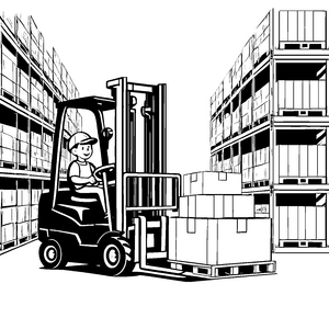 Kraftvoller Gabelstapler hebt große Kisten Ausmalvorlage für kleine Logistikhelden