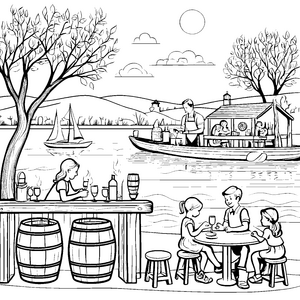 Lebhafte Barkeeper-Action am Wasser Malvorlage für kreative Getränkezauberer