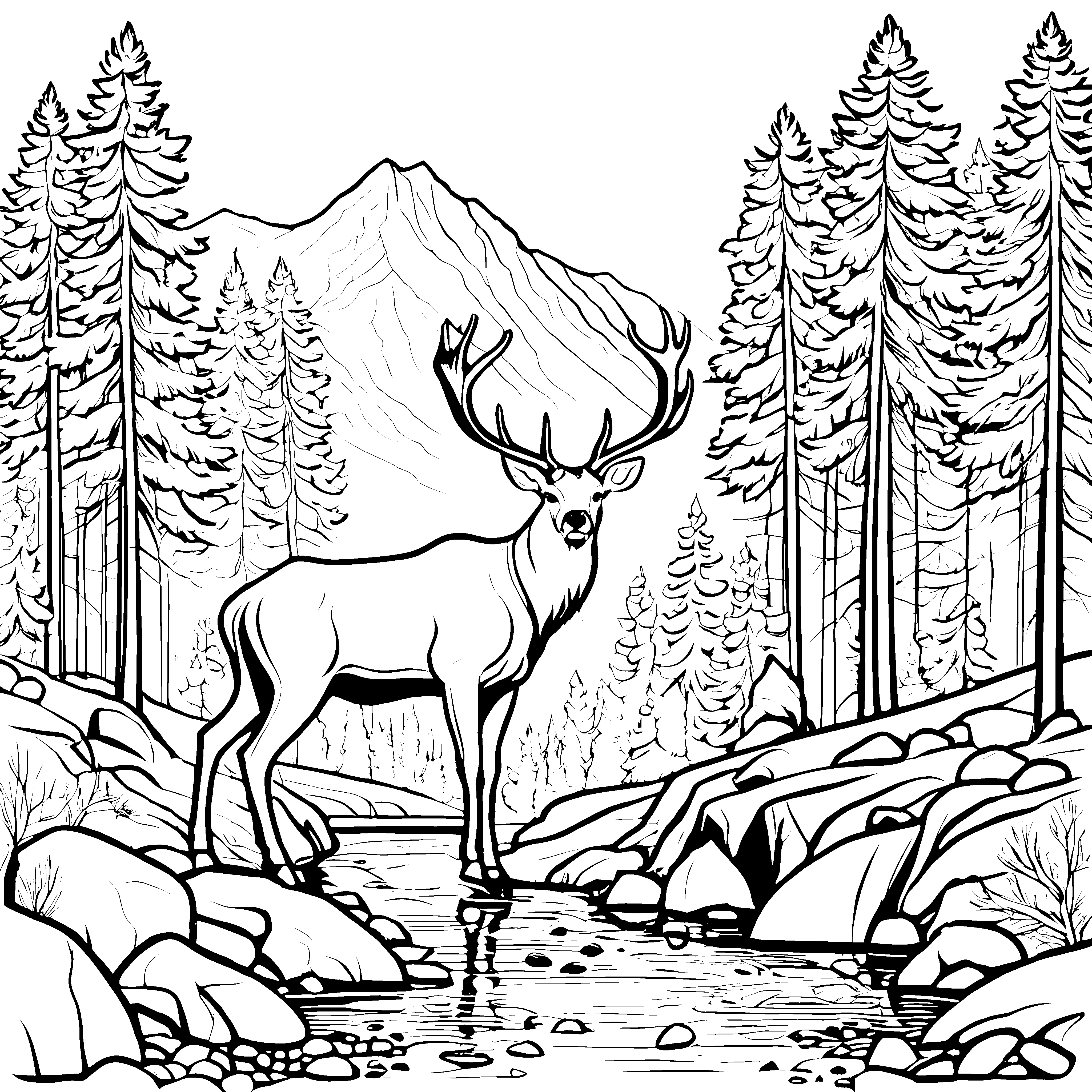 Majestätischer Riesenhirsch am plätschernden Bach Ausmalvorlage für junge Naturfreunde