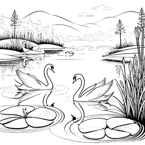 Elegante Schwäne im ruhigen Wasser Ausmalvorlage für kleine Wasserratten