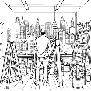 Kreativer Maler vor urbaner Skyline Ausmalvorlage für fantasievolle Künstler