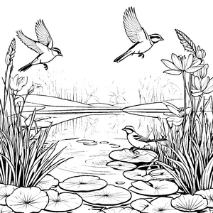 Fliegende Vögel um romantischen Teich Ausmalbild für liebevolle Tierfreunde